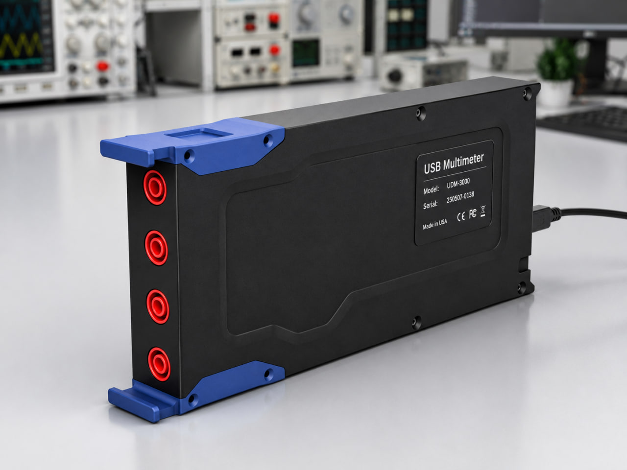 Multimeter enclosure concept with a black housing and blue handles on a laboratory bench